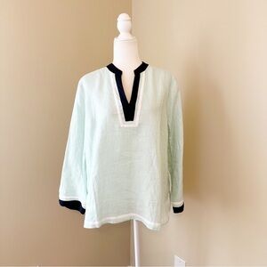 Talbots 100% Linen Mint Green and Navy Top - Large